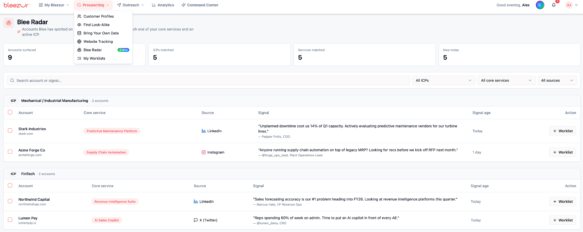 Bleezur Gathering workspace showing Blee Radar signals, accounts surfaced, ICP matches, and source channels