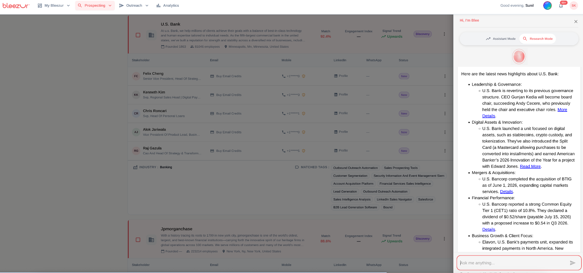 Bleezur Farming workspace showing existing customer accounts, upsell opportunities, and stakeholder intelligence